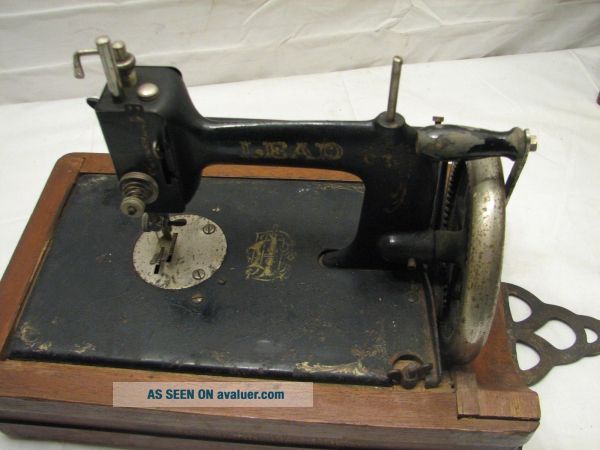 Rare Antique Lead Hand Crank Sewing Machine Victorian W/Wooden Case ...