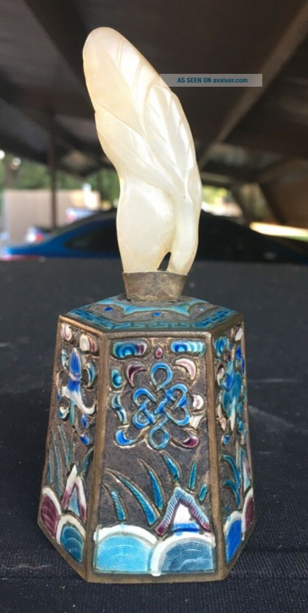 Fine Antique Chinese Champleve Enamel Bell With White Jade Leaf Handle ...