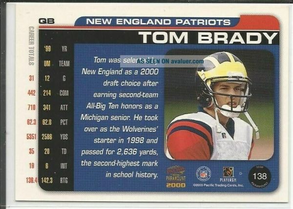 2000 Pacific Paramount TOM BRADY ROOKIE CARD 138 England Patriots RC