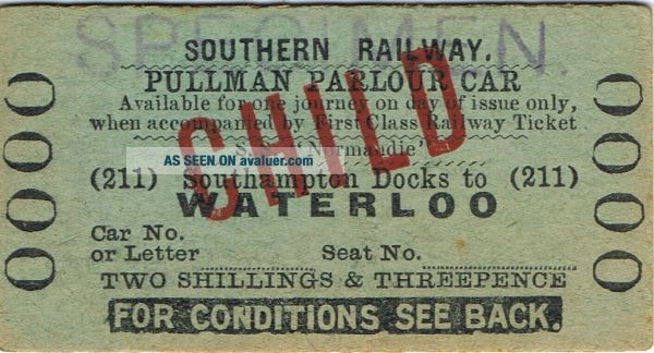 Railway ticket SR Pullman Parlour Car 