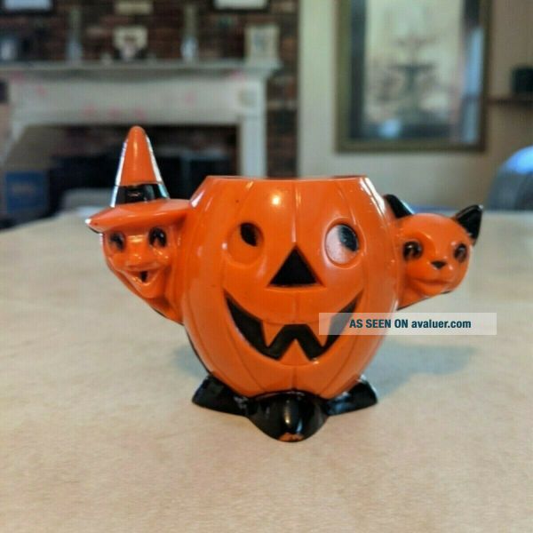 Vintage Rosbro Plastic Halloween Witch And Cat Pumpkin Candy Container ...