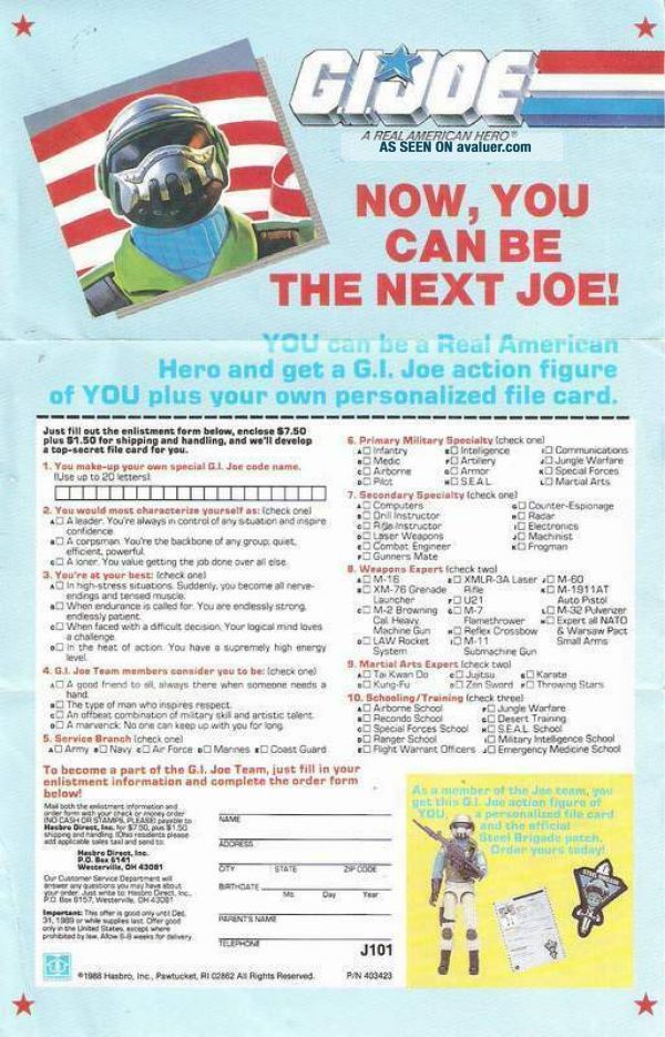 1987 GI Joe STEEL BRIGADE FIGURE Insert J101 Application Form Promo JTC ...