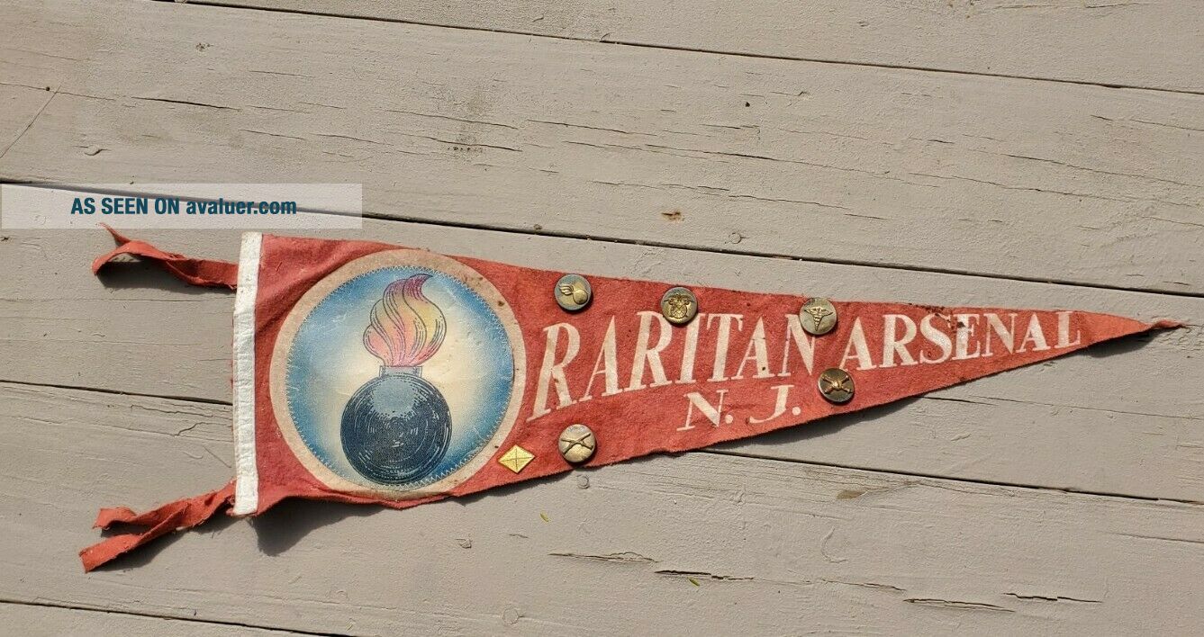RARE WW2 Raritan Arsenal NJ Pennant Flag With Badge Pins Army | #51746107