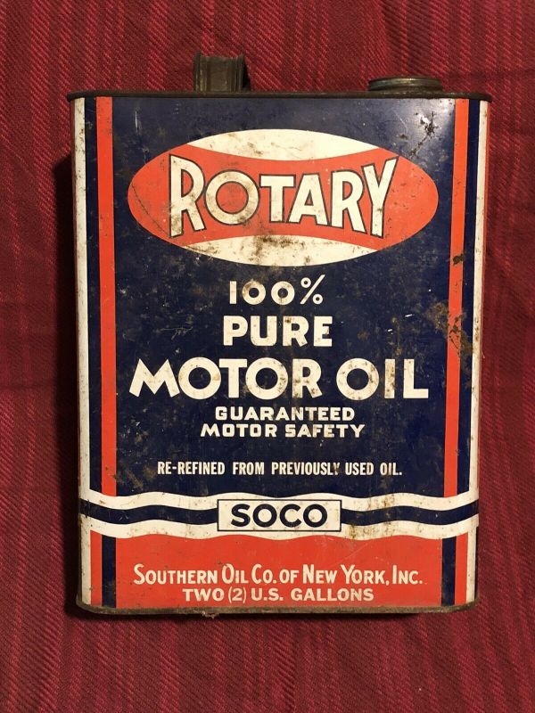 RARE 2 Gallon VINTAGE SOCO ROTARY MOTOR OIL CAN SOUTHERN OIL COMPANY OF ...