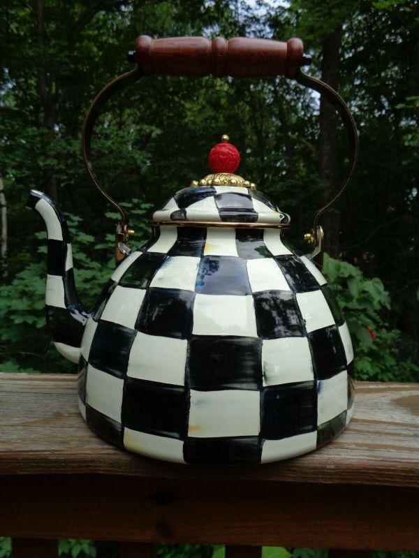 MACKENZIE CHILDS 3 QT ENAMEL COURTLY CHECK TEA KETTLE DAMAGED/DISPLAY ...
