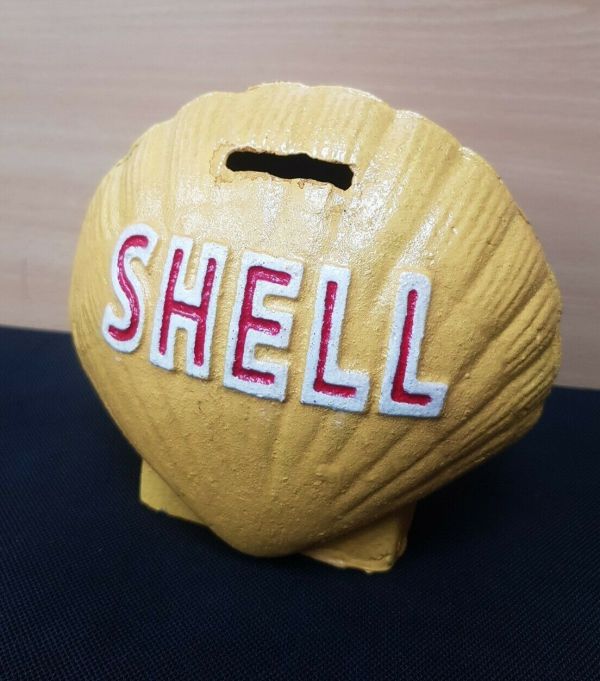 VINTAGE STYLE CAST IRON SHELL OIL MONEY BANK BOX GARAGE TIP JAR | #54255329