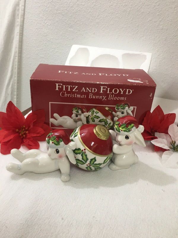 Fitz And Floyd Christmas Bunny Blooms Ceramic Figures Tumblers | #55762422